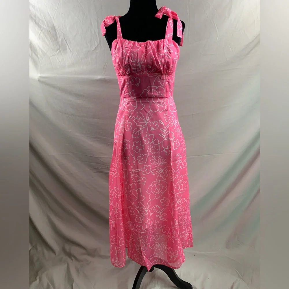 Last One 🔥 Pink Chiffon Floral Print Tie Shoulder Ruched Bust Cami Dress - Picture 7 of 8